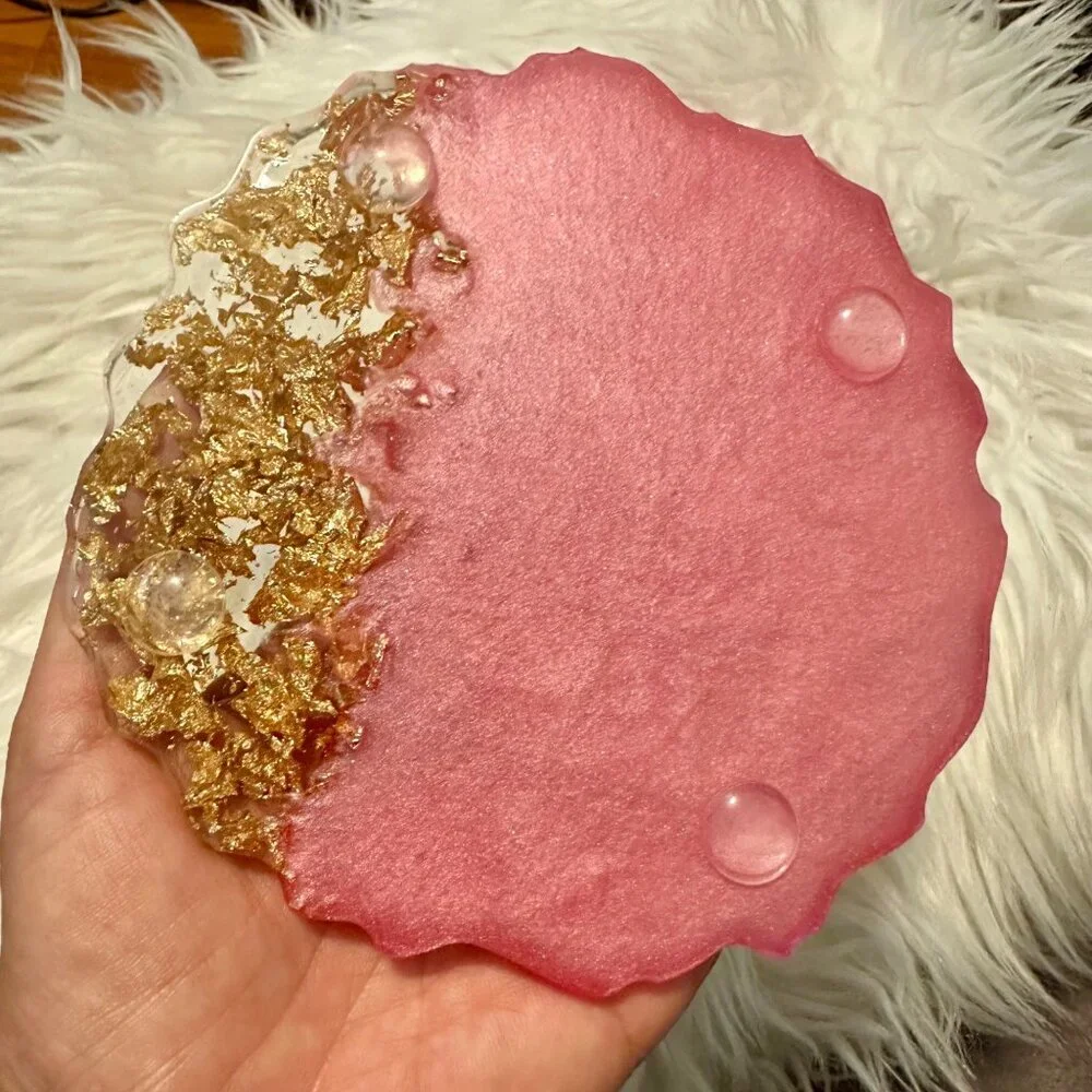 2-Piece Handmade Pink & Gold Resin Agate Coasters Glam Glitter Gift Home Decor